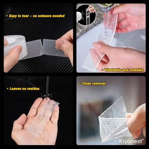 Kiyanest Ruban Adhésif Double Face Transparent Lavable Réutilisable Mur Cuisine Voiture Bureau | Sans Trace Nano
