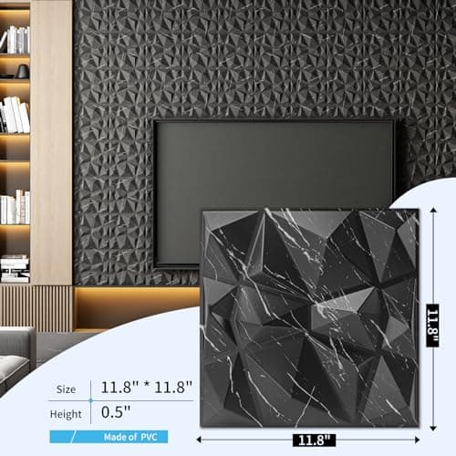 Art3d - panneaux muraux décoratifs 3D en forme de diamant pour décoration de maison et de bureau, marbre noir, 30,5 x 30