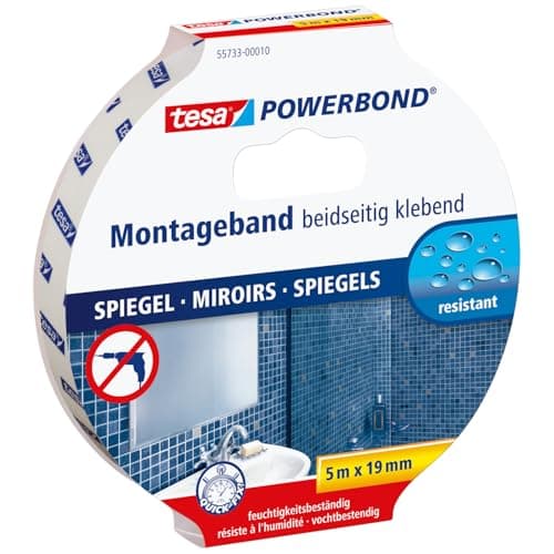 Adhésif Tesa Double-Face pour Miroirs – Humide et Salles de Bains – Fixation Sans Vis – Résistant et Sécuritaire 5m x 1,