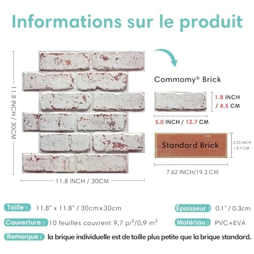 Panneau Mural 3D Fausse Brique 30x30cm, 10 Pièces Adhésif PVC