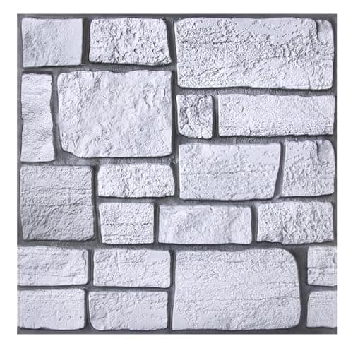 Panneaux Muraux 3D Effet Pierre Brique Autocollant Salon Cuisine Chambre, 10 Pièces 30 x 30 cm PVC Imperméable — Gris-blanc Citron Vert