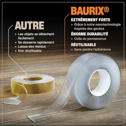 BAURIX® Ruban adhésif double face [3m] - Fort en adhésion, résistant et lavable - Idéal pour la réparation et le bricola