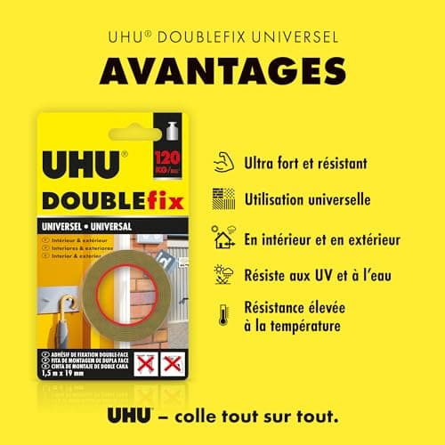 UBIQUITOUS Doublefix Universel - Ruban adhésif double face fort, résistant à 120 Kg, pour tout usage, blanc, rouleau de
