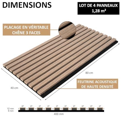 ACOUPANEL | Panneau Acoustique en Tasseaux Bois Chêne | Lot de 4 Panneaux Muraux 1,28 m² | Isolation Phonique Facile à I