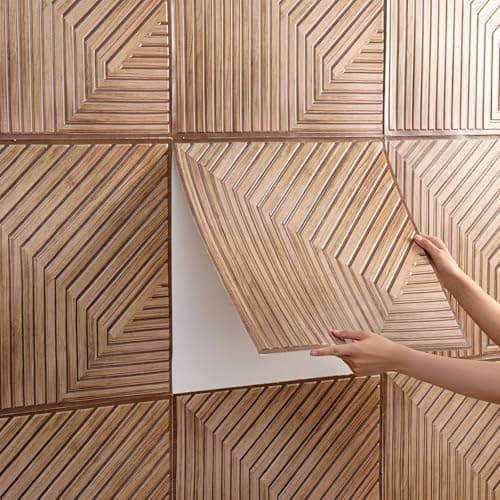 Lot de 10 Panneaux Muraux 3D Autocollants Aspect Bois pour Décoration Murale Intérieure et Amélioration Acoustique (Jaun