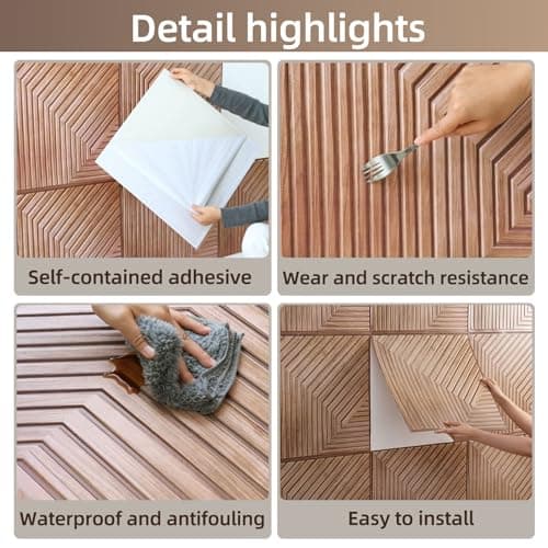 Lot de 10 Panneaux Muraux 3D Autocollants Aspect Bois pour Décoration Murale Intérieure et Amélioration Acoustique (Jaun
