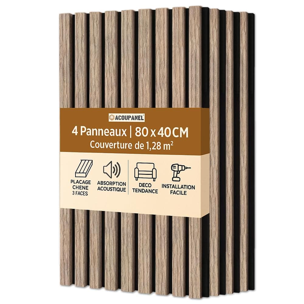ACOUPANEL | Panneau Acoustique en Tasseaux Bois Chêne | Lot de 4 Panneaux Muraux 1,28 m² | Isolation Phonique Facile à I