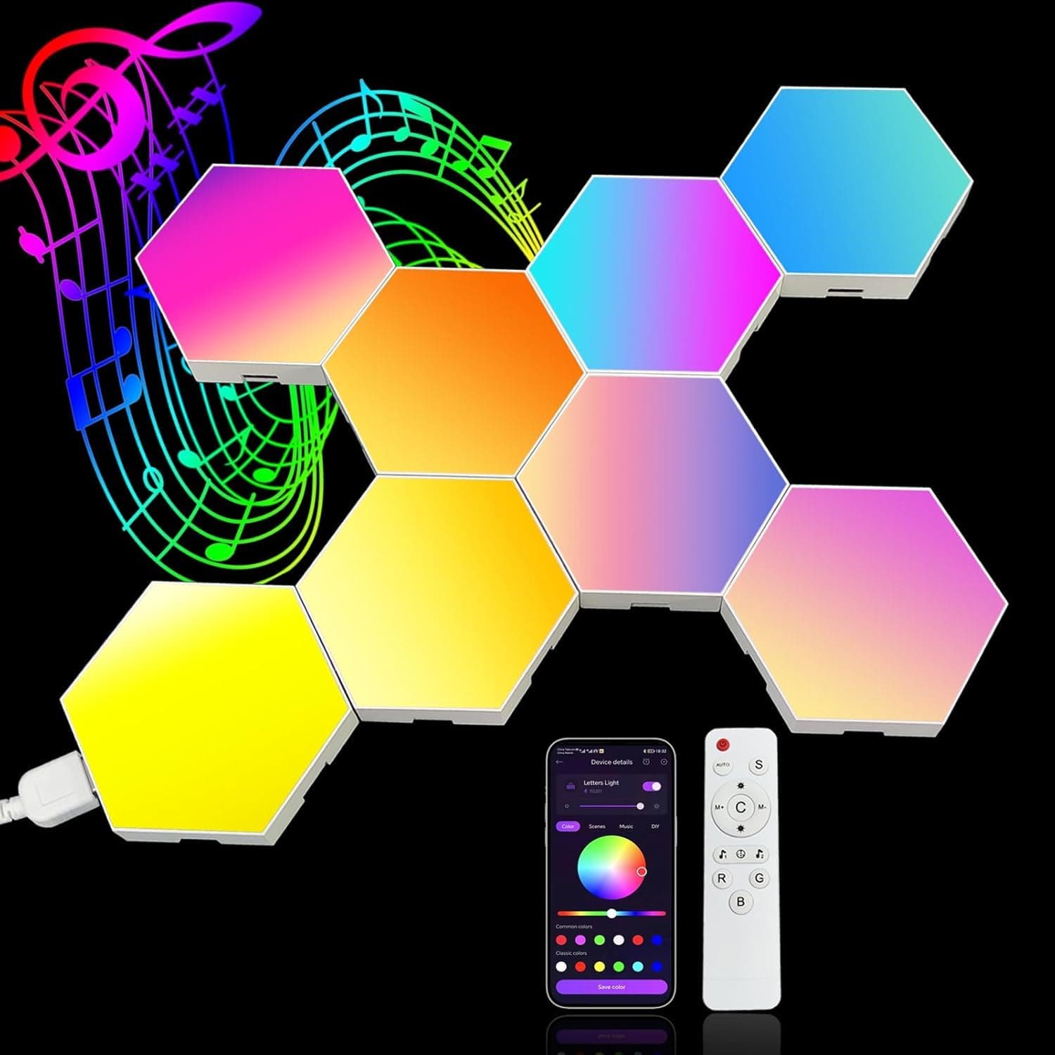 UooEA Panneau LED Hexagone Murale Smart RGB Lampe Gamotal avec App 16 Millions de Couleurs pour Décoration Élégante et C