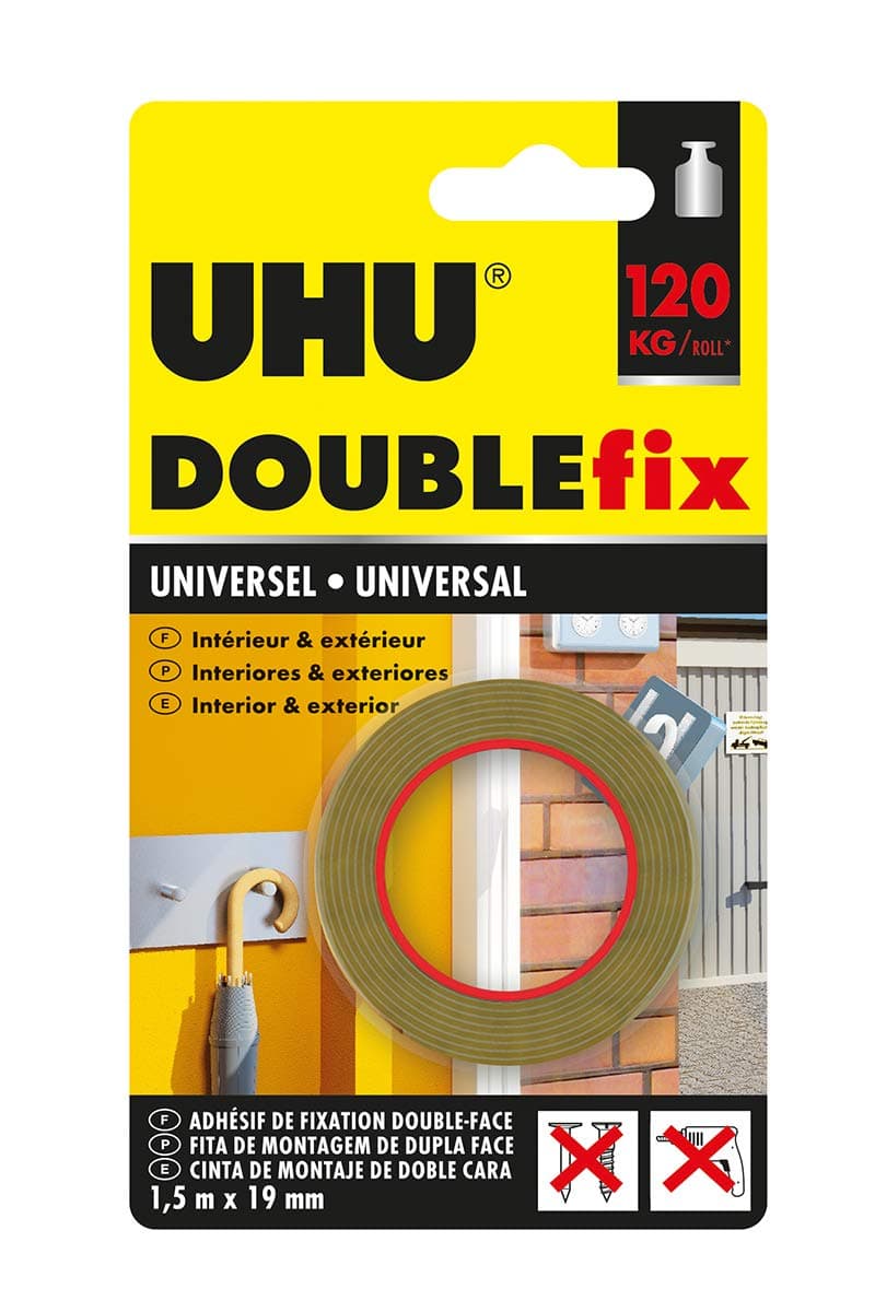 UBIQUITOUS Doublefix Universel - Ruban adhésif double face fort, résistant à 120 Kg, pour tout usage, blanc, rouleau de