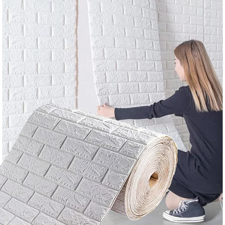 Panneaux Muraux 3d Adhesif Bibykivn, Aspect Pierre, Imperméable pour Cuisine Chambre Salon, Fond Décor TV 70 cm x 10 M - — Blanc