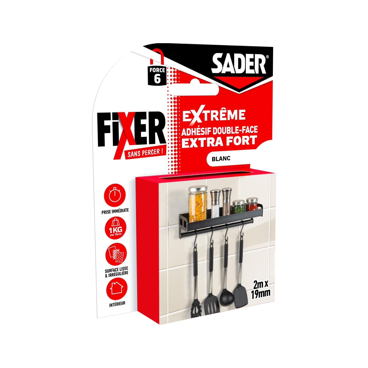 Adhésif_double_face_Sader_Fixer_Sans_Percer_Extrême_Intérieur_Surfaces_multiples_Supporte_jusqu'à_10_KG Blanc_2m_x_19mm