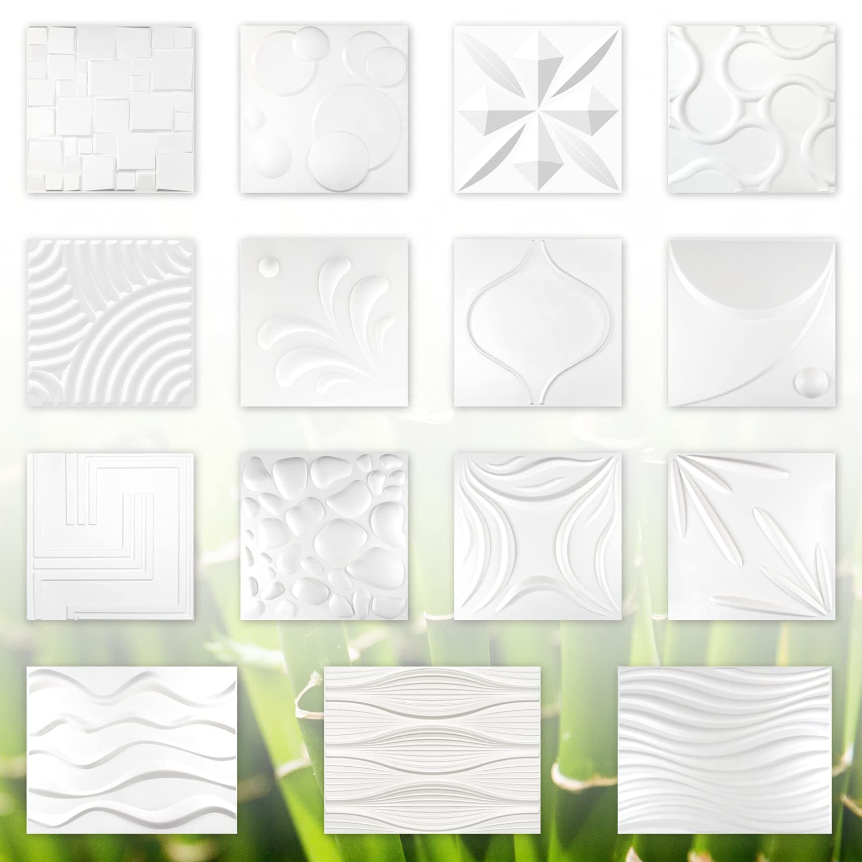 Panneaux muraux 3D canne à sucre & fibre de bambou blanc 100% naturel - Panneaux de revêtement mural (50x50cm BLADED, 2m