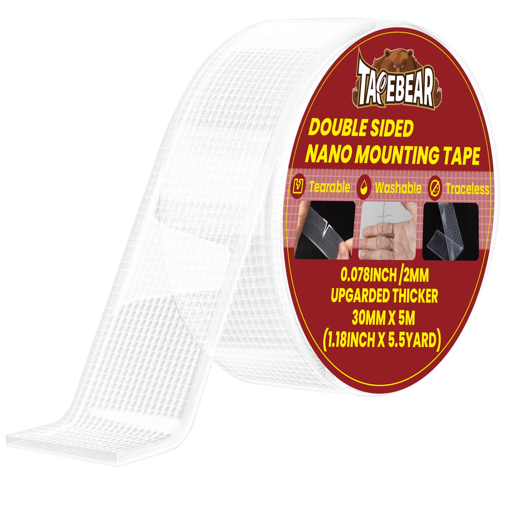 TAPEBEAR Ruban adhésif nano double face Fort, Réutilisable et Sans Trace 30mm x 5m pour Photos et Posters