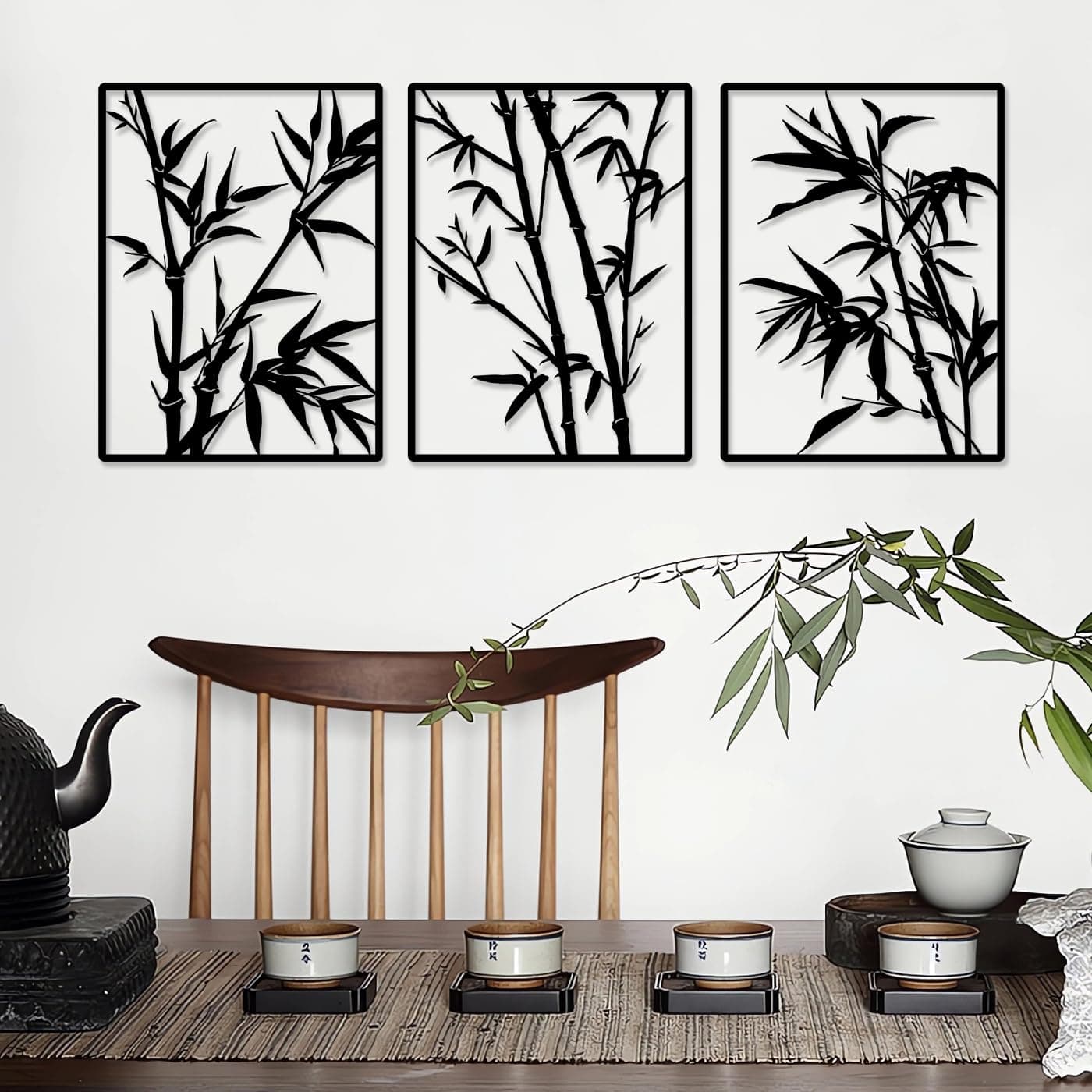 Pduoduo Grand Métal Bambou Mur Décoratif Art Décoratif - Arbre Suspendu Signe Suspendu, Bambou Sculpture Pack de 3 (Tota