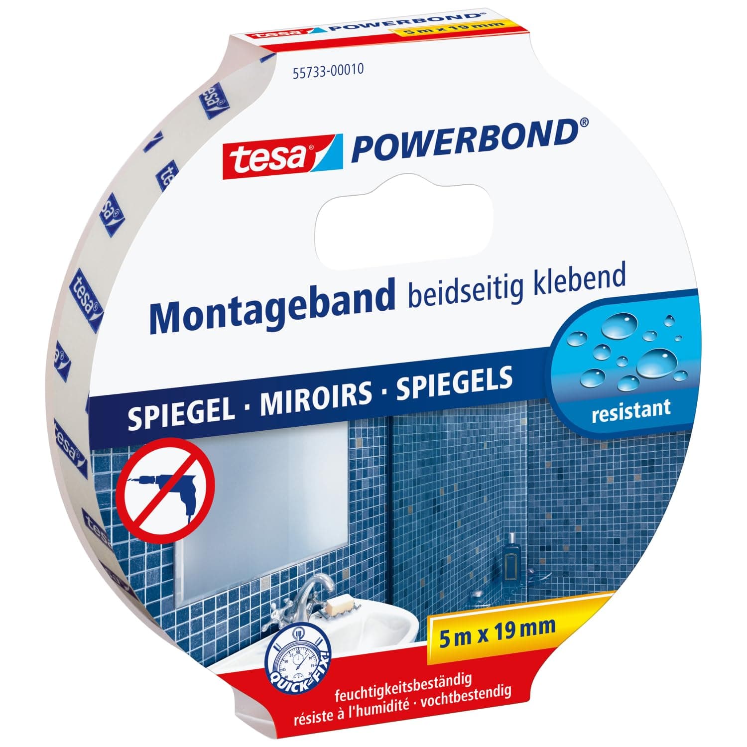 Adhésif Tesa Double-Face pour Miroirs – Humide et Salles de Bains – Fixation Sans Vis – Résistant et Sécuritaire 5m x 1,