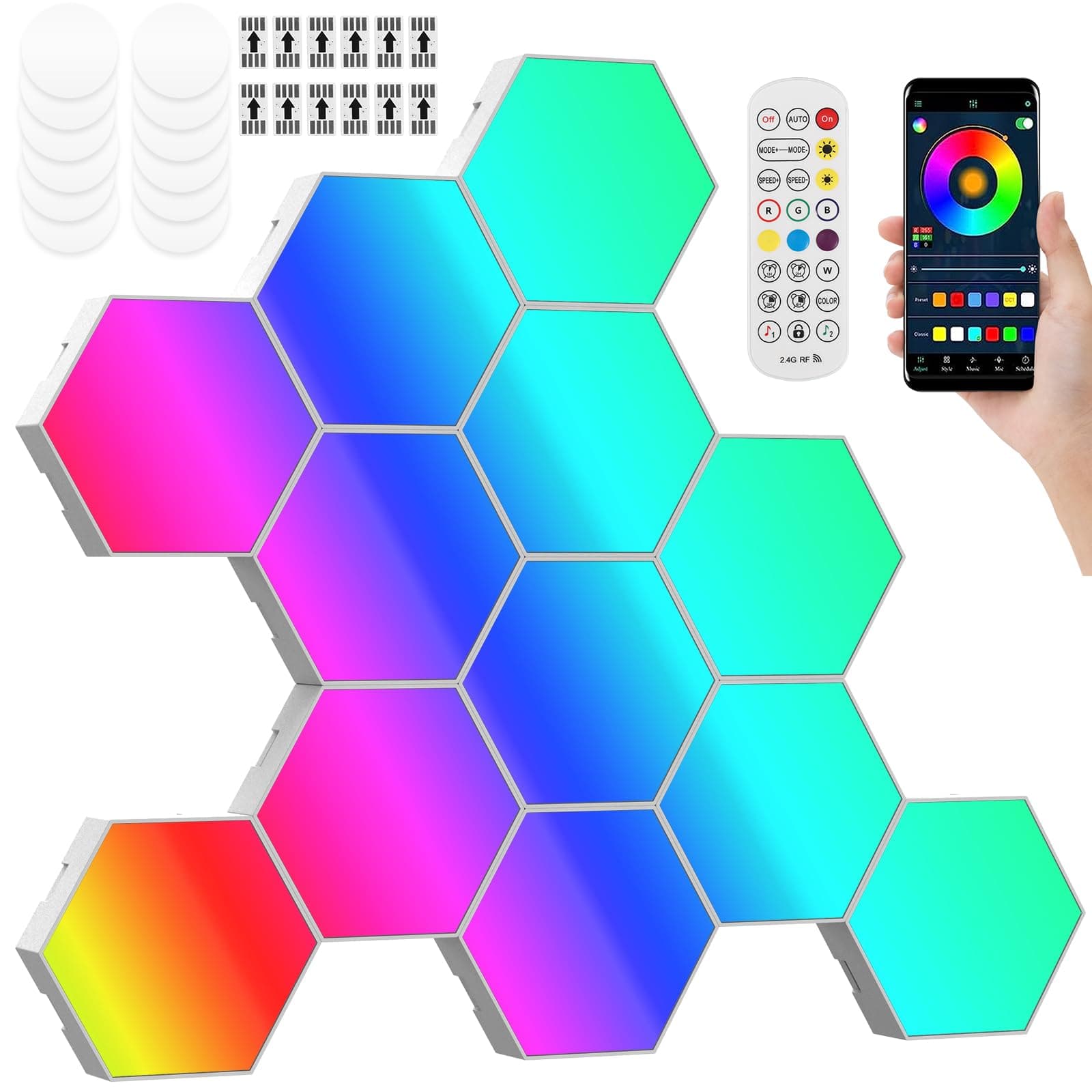 Panneau LED Hexagone Murale Lampe 12pcs Smart Music Sync Deco Modulaires RGB App & Télécommande Contrôle Salles Gaming B