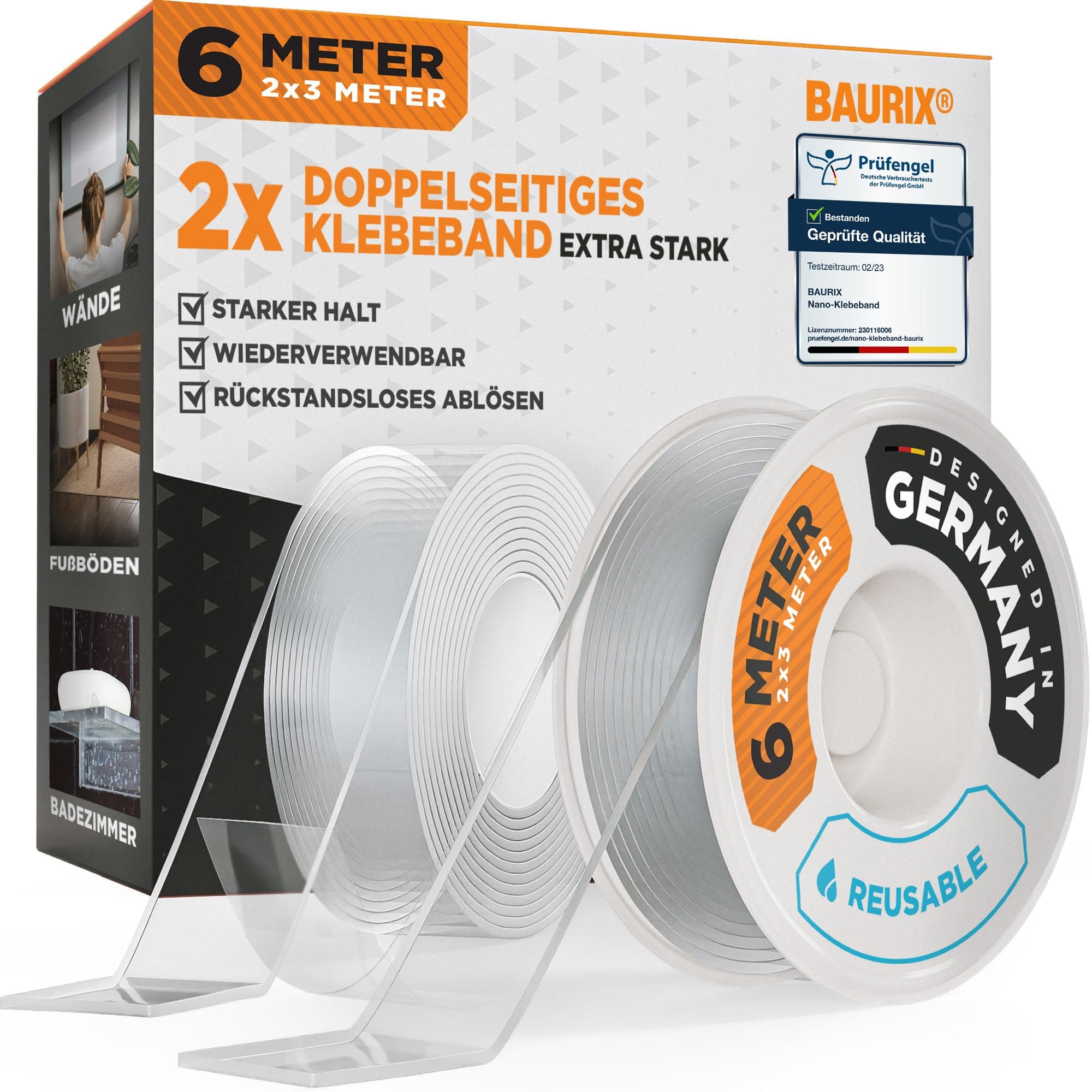 Baurix® Ruban adhésif double face pour réparations robustes - Forte adhérence - Transparent en silicone lavable - 2x 3 m