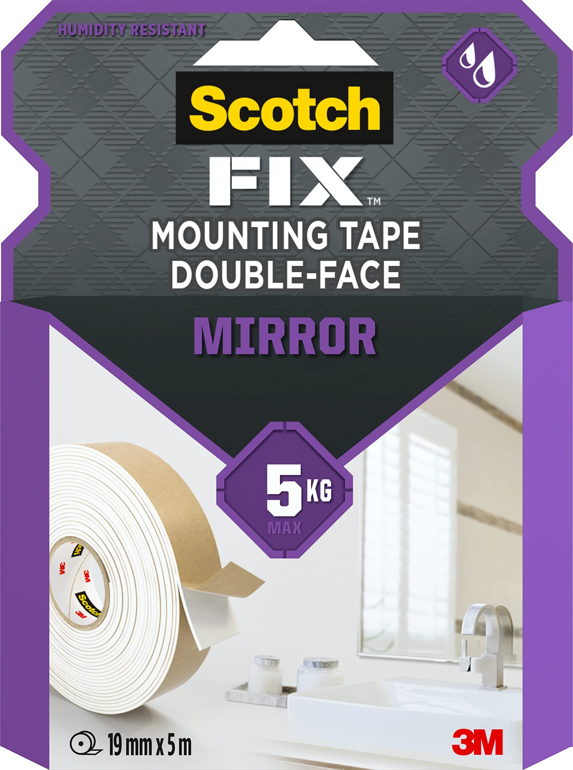 Scotch-Fix Ruban de Montage Double-Face pour Miroirs - Pour Intérieur - Salles de Bain, Cuisines - Céramique, Bois, Méta