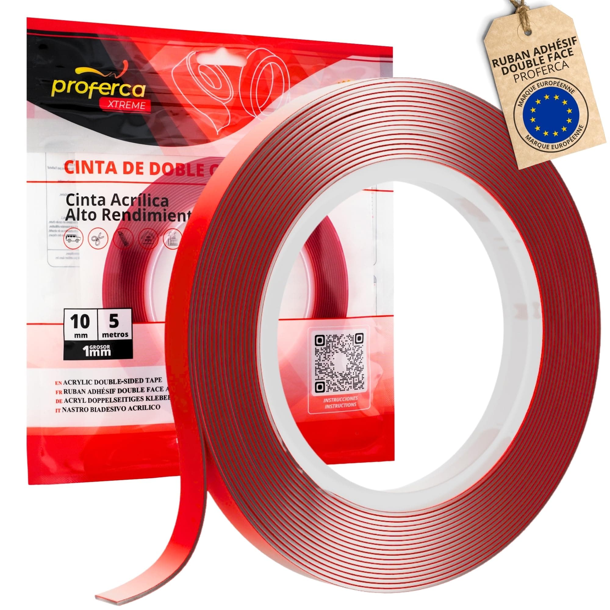 Proferca Ruban Adhésif Double Face Extra Fort | Adhésif Puissant pour Extérieur | Adhésif Double Face Fort 10m x 5m