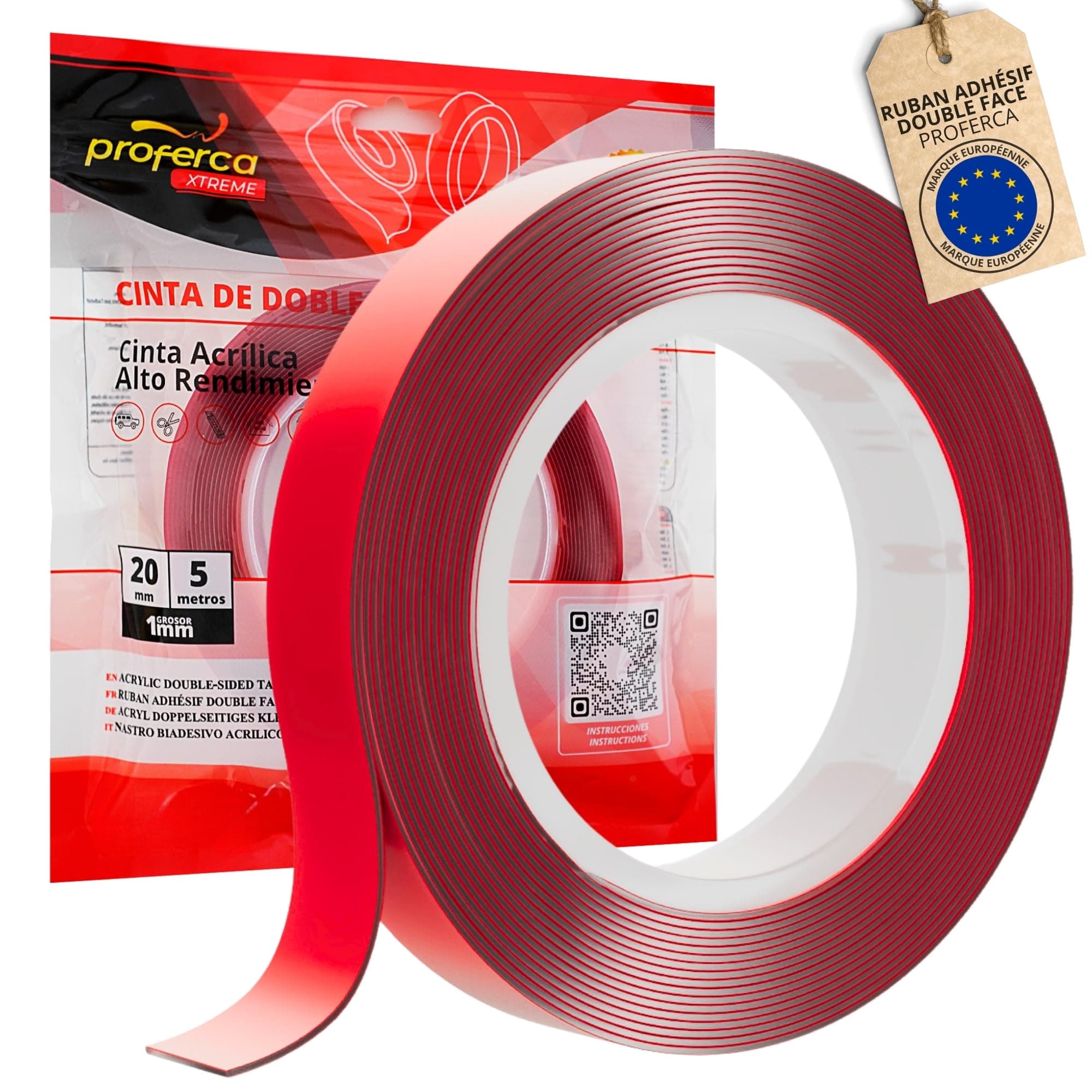Proferca Ruban Adhésif Double Face Extra Fort | Adhésif Fort pour Extérieur | Puissant Adhésif Double Face 20m x 5m