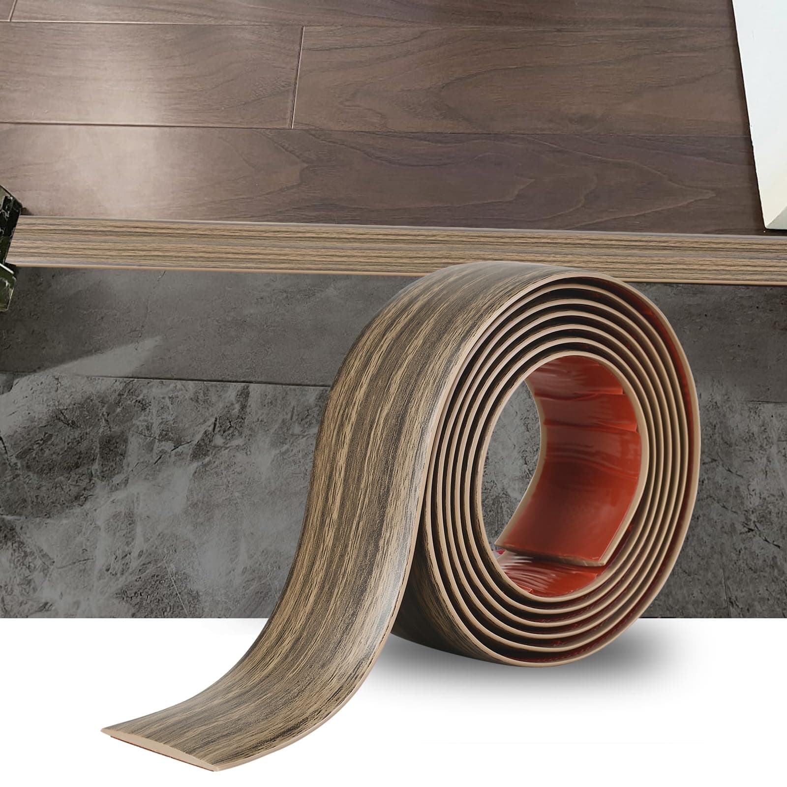 2M Barre de seuil auto-adhésive PVC, sol bois, grain de bois brun foncé pour les espaces entre carreaux