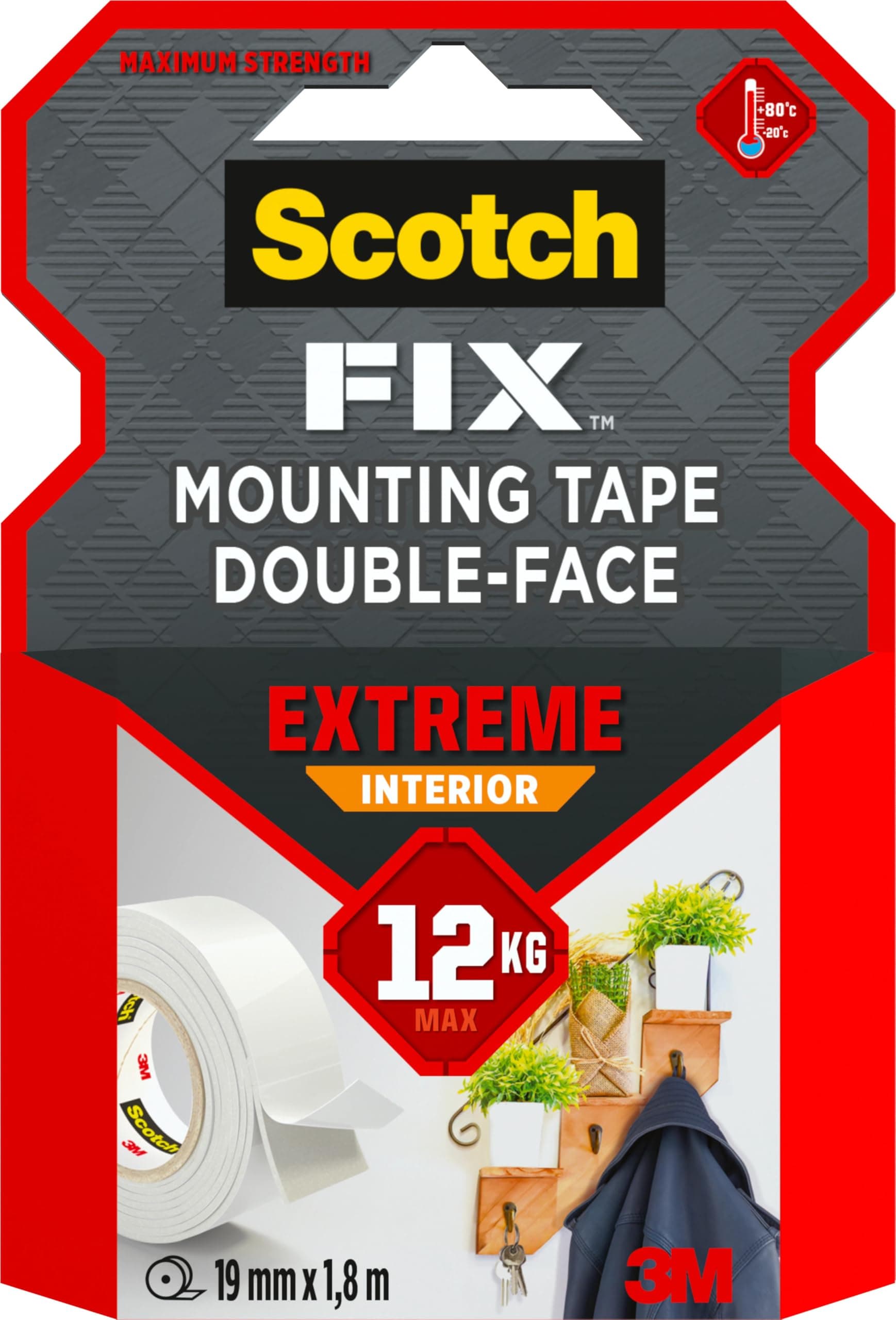 Scotch Fix Ruban de fixation en intérieur Extrême - Blanc, 19 mm x 1,8 m, 1 Rouleau | Fixation robuste | Matériaux intér