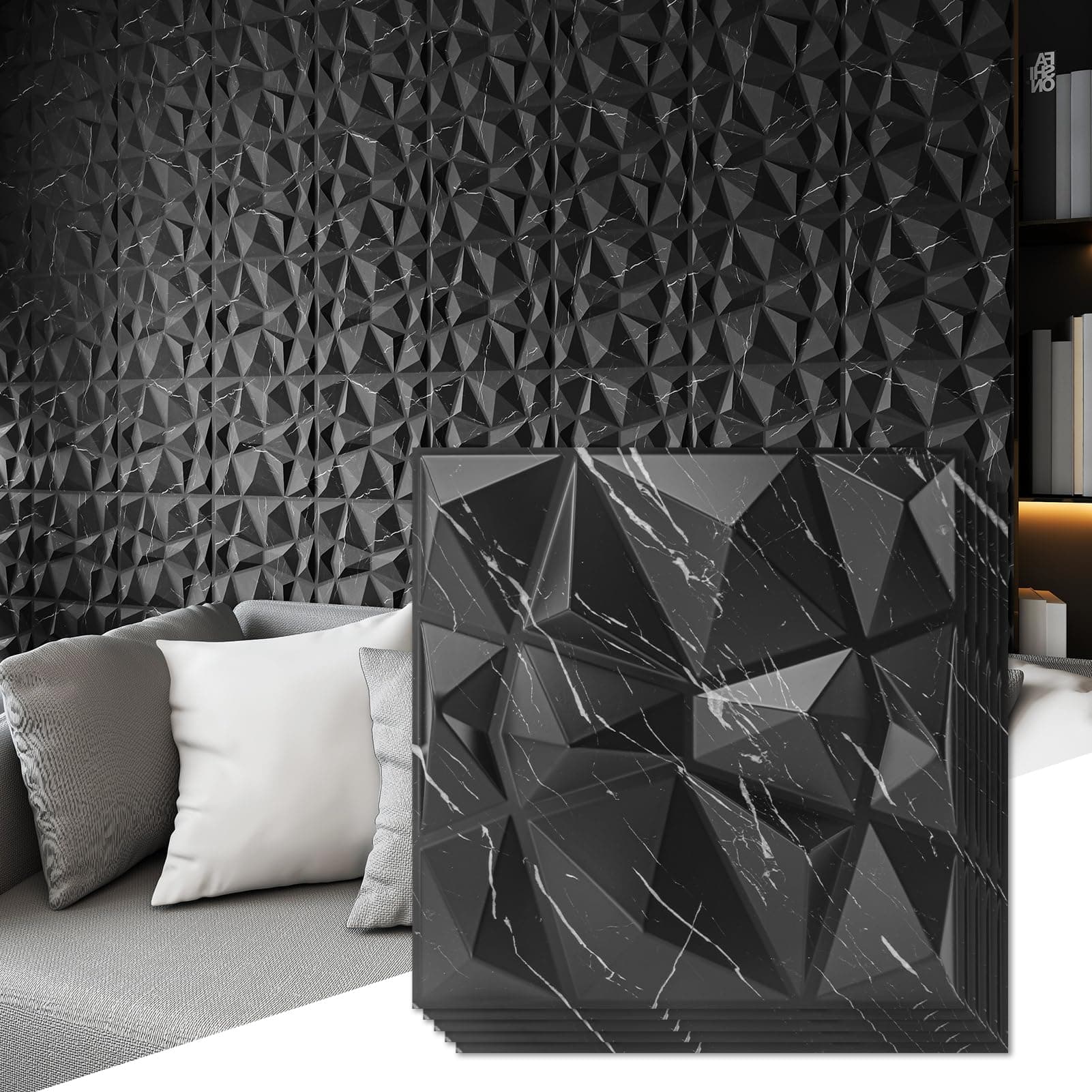 Art3d - panneaux muraux décoratifs 3D en forme de diamant pour décoration de maison et de bureau, marbre noir, 30,5 x 30