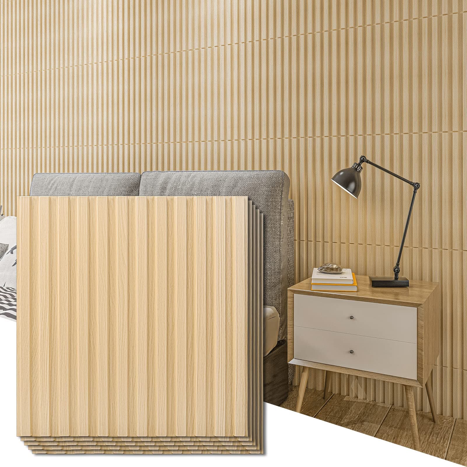 Art3d Panneau mural chêne Lot de 12 3D texturé cannelé, 50x50cm pour salon et chambre