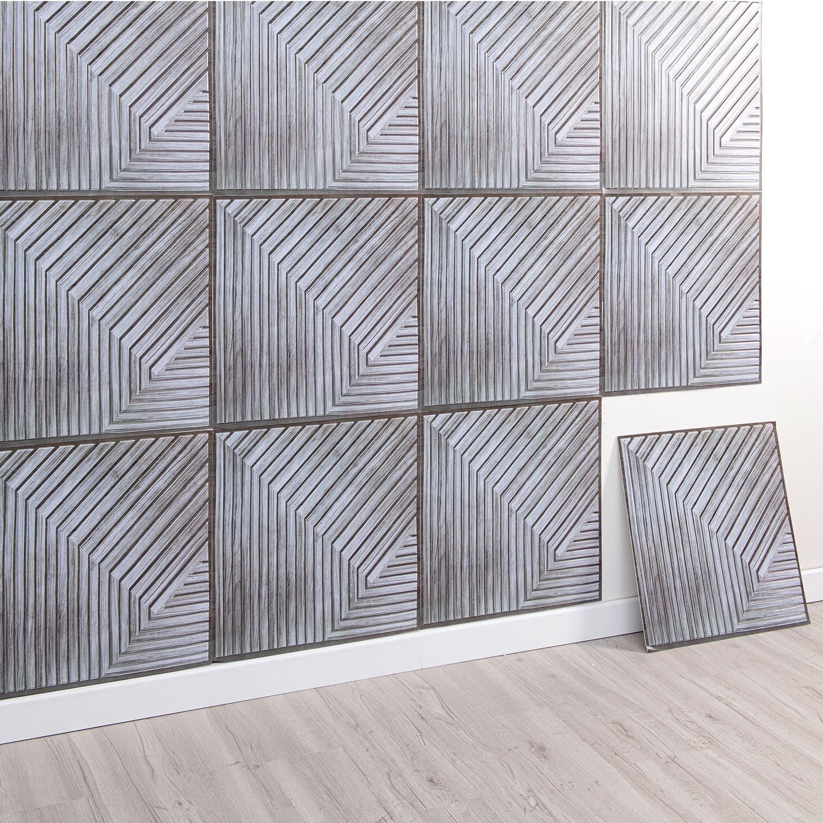 Panneaux Muraux 3D Autocollants Aspect Bois Décoration Murale Intérieure Panneaux Acoustiques 30 x 30 cm Gris