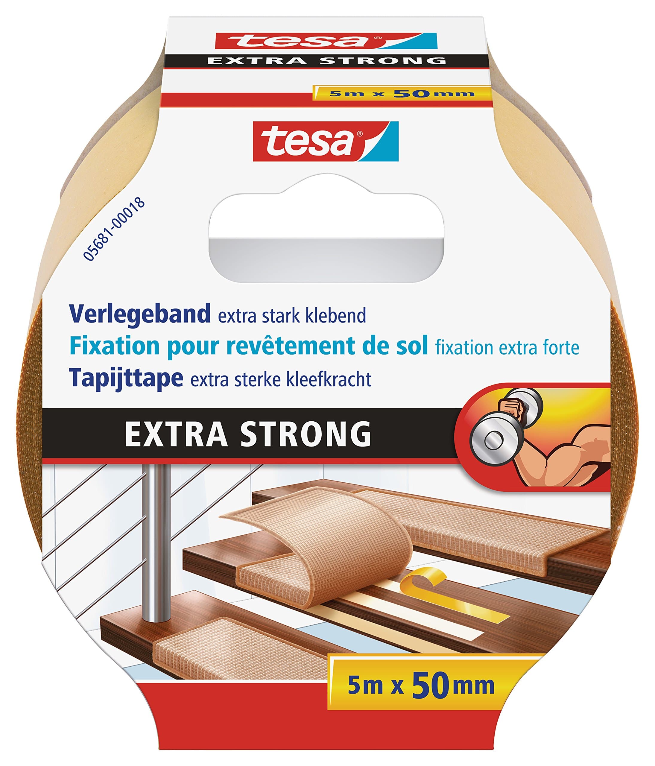 Rouleau Adhésif Tesa Fort Ruban Double Face pour Solirréguliers - Anti-Dérapant pour Moquette et PVC - 5m x 50mm